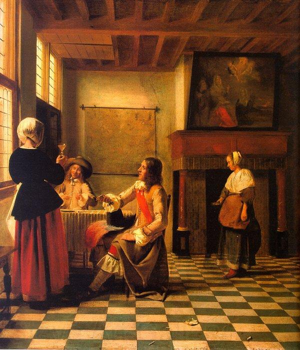 Pieter de Hooch Woman Drinking with Two Men and a Maidservant Norge oil painting art